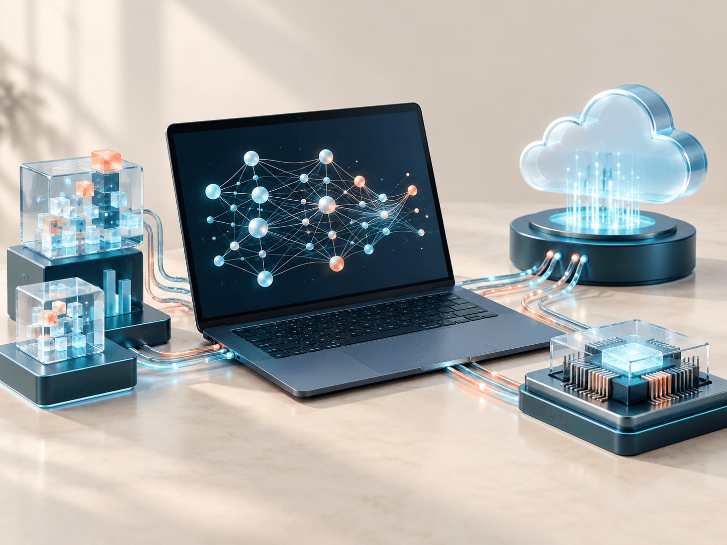 AI engineering illustration connecting data, a neural network on a laptop, and cloud deployment