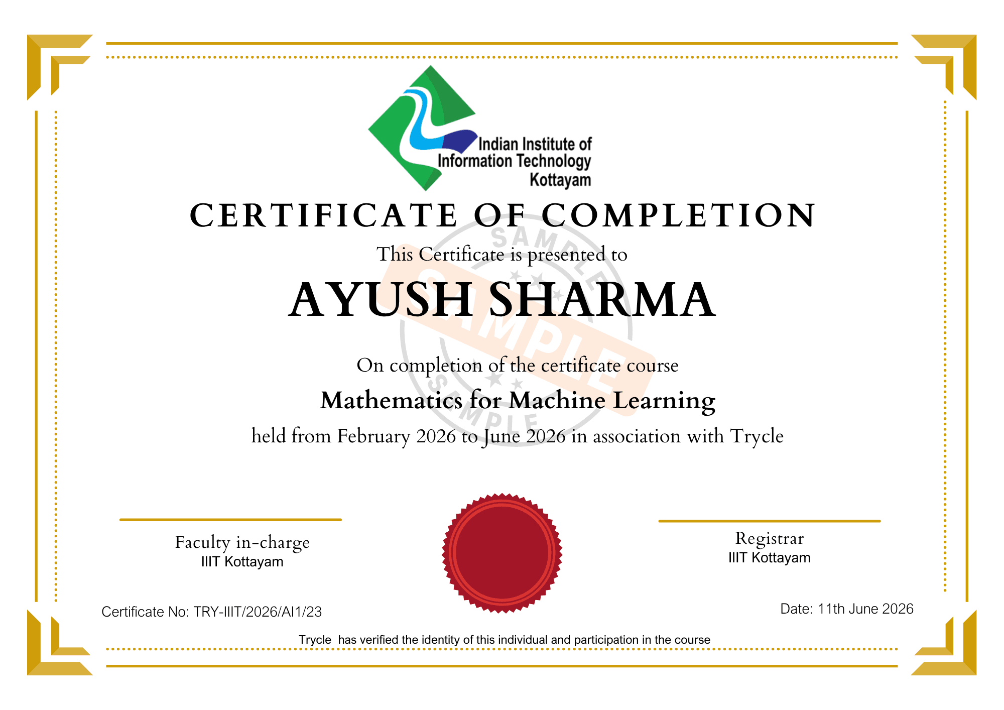 Sample subject completion certificate